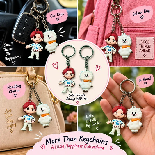 Cute Character Keychain Set of 2 – Red Boy & White Character Keyrings for Bags, Backpacks & Keys