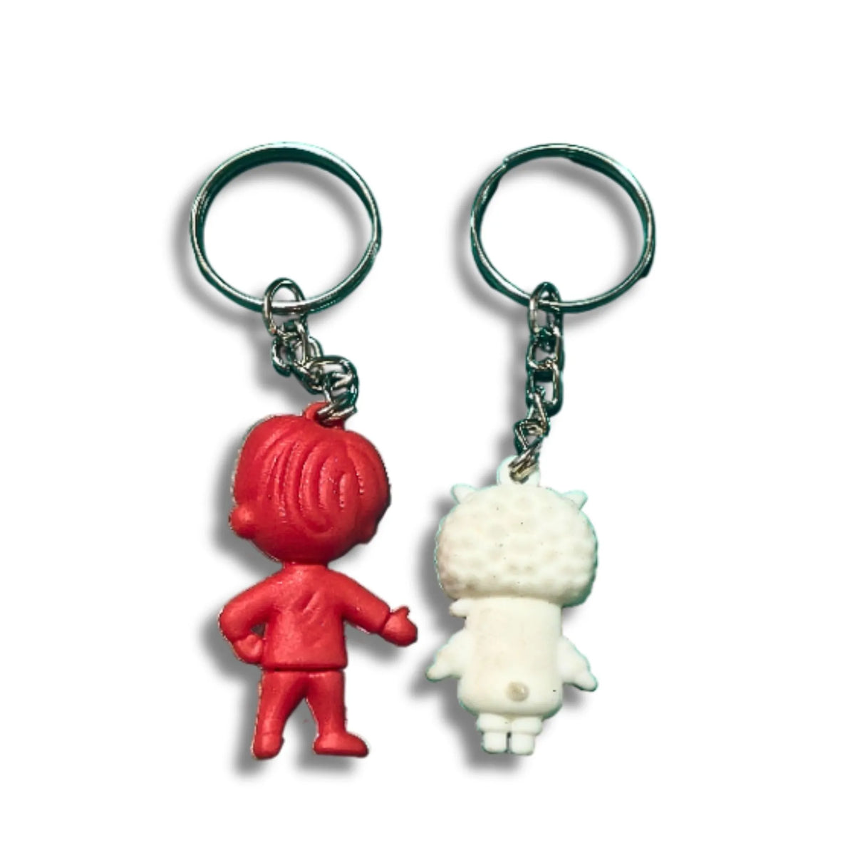 Cute Character Keychain Set of 2 – Red Boy & White Character Keyrings for Bags, Backpacks & Keys