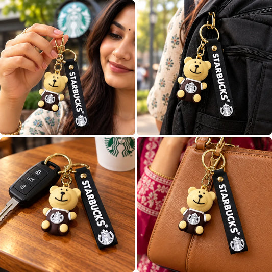 Cute Coffee Bear Keychain with Black Coffee-Themed Strap