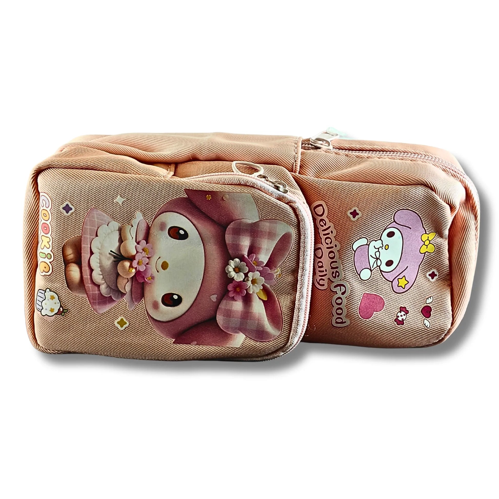 Cute Cookie pink cartoon pencil pouch with multi zipper compartments for girls