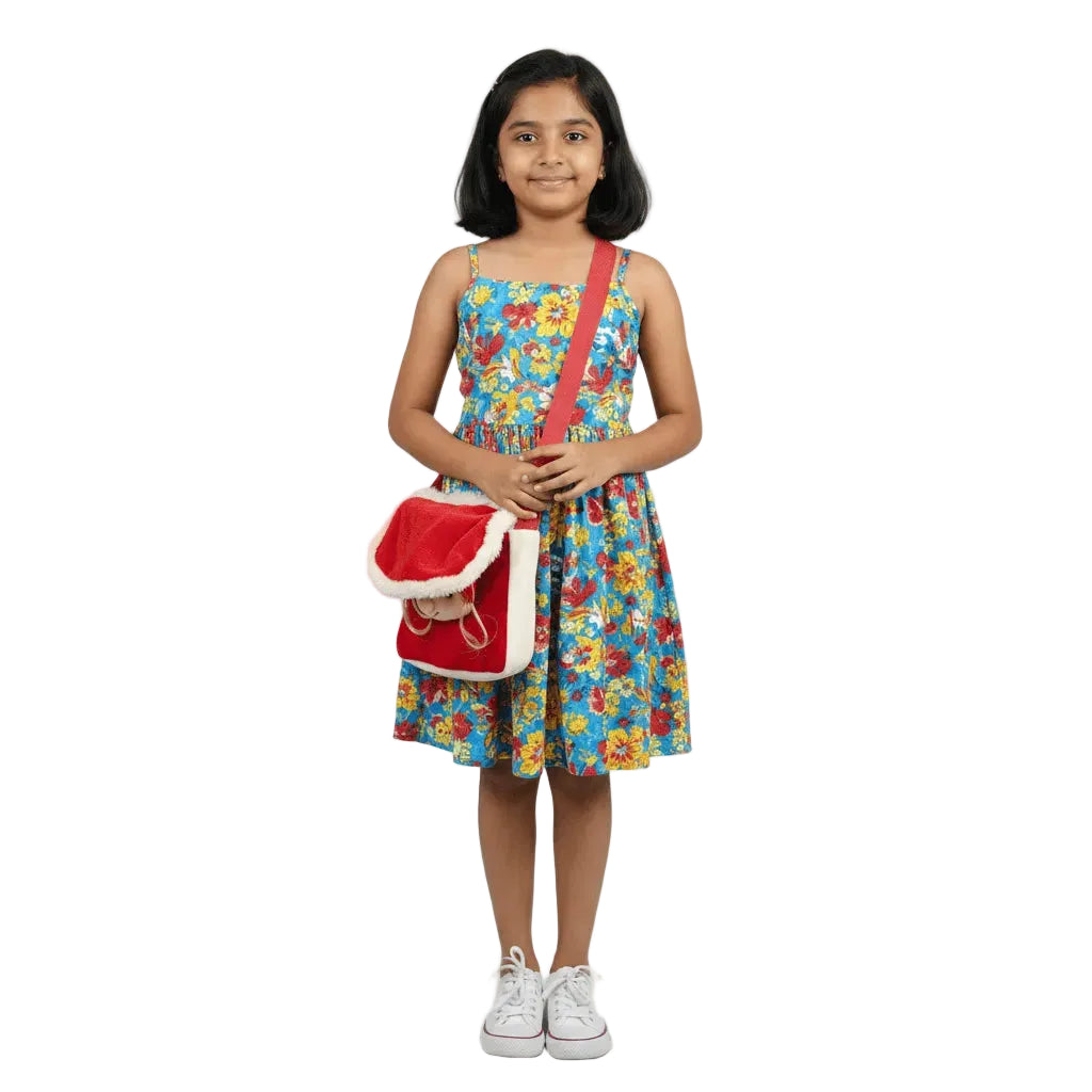 Girl wearing a colorful floral dress holding a red bag on a white background