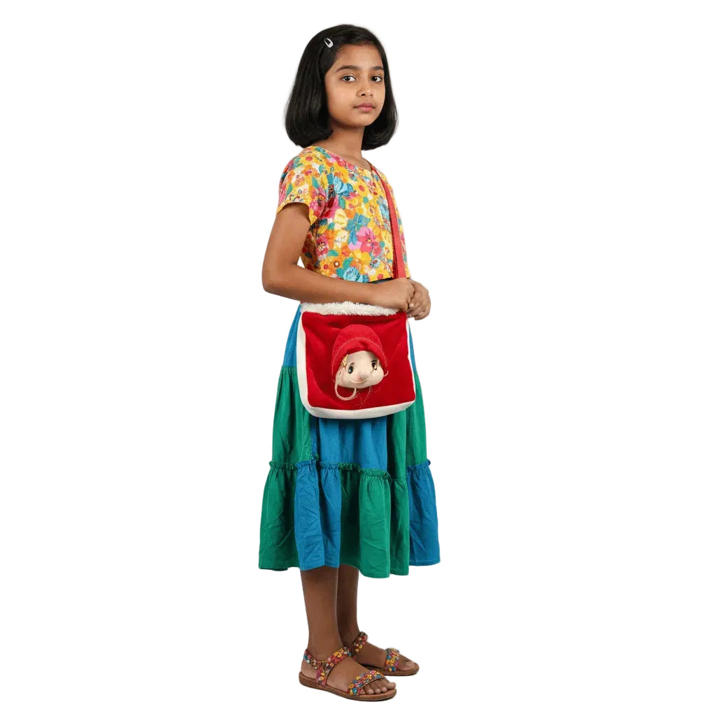 Young girl holding a colorful bag with a bear design on a white background