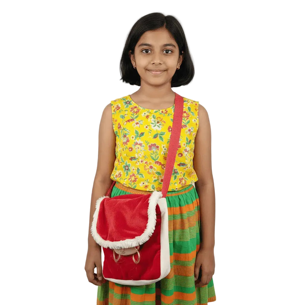 Young girl wearing a yellow floral top and green striped skirt with a red bag on a white background