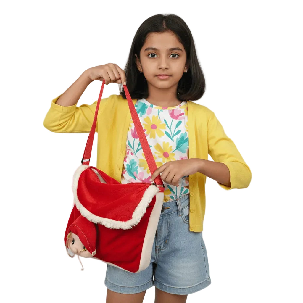 Girl holding a red bag with a plush toy inside against a plain background
