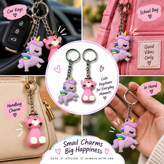 Cute Fantasy Character Keychain Set – Unicorn & Pink Character Charm Keyrings for Bags & Backpacks