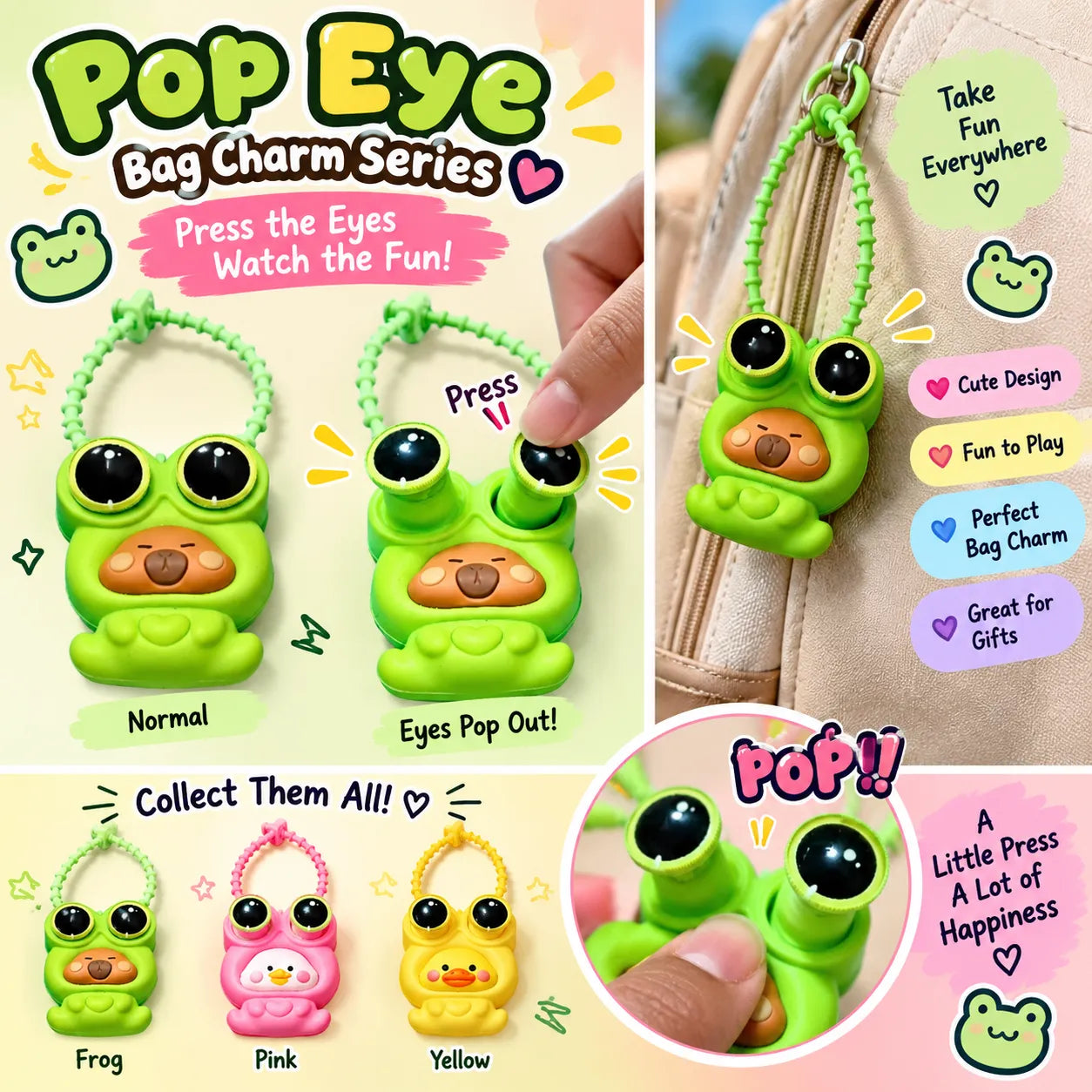 Cute Green Pop Eye Character Bag Charm – 3 Face Color Variants with Fun Pop-Up Eyes