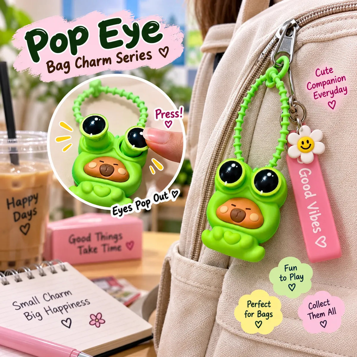 Cute Green Pop Eye Character Bag Charm – 3 Face Color Variants with Fun Pop-Up Eyes