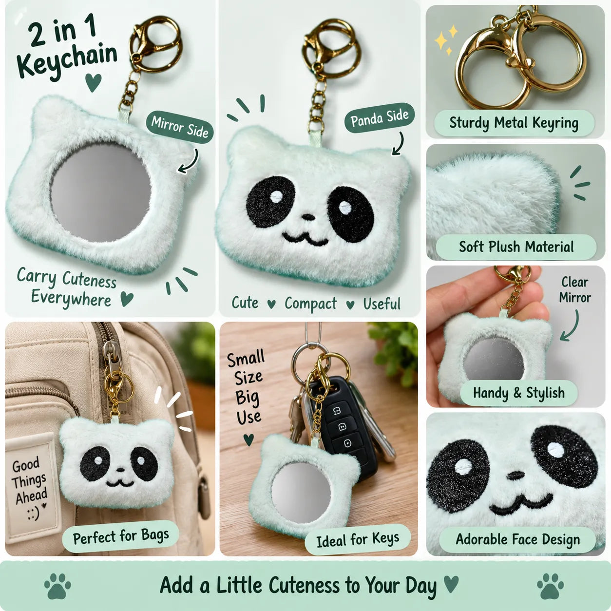 Cute Mint Panda Mirror Keychain | 2-in-1 Plush Keychain