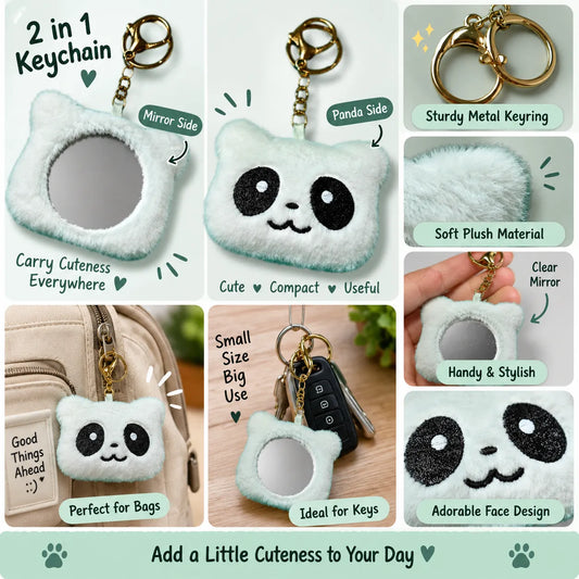 Cute Mint Panda Mirror Keychain | 2-in-1 Plush Keychain