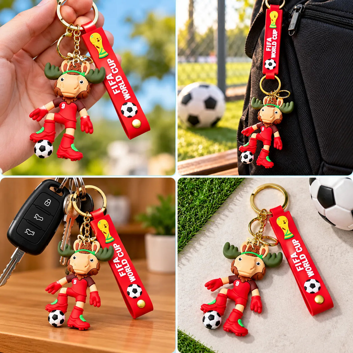 Cute Moose Football Player Keychain with World Cup Style Strap