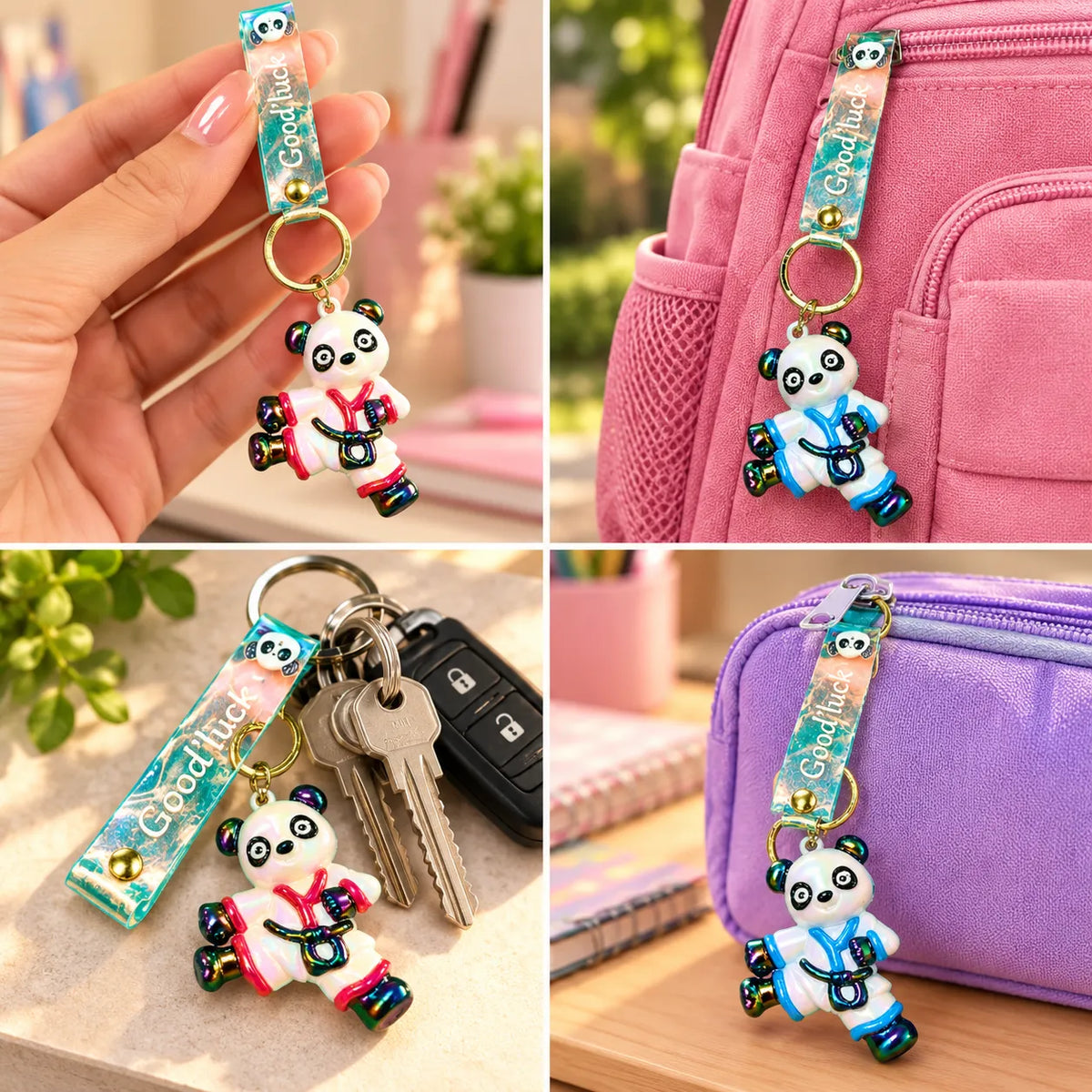 Cute Panda Karate Character Keychain with Good Luck Strap