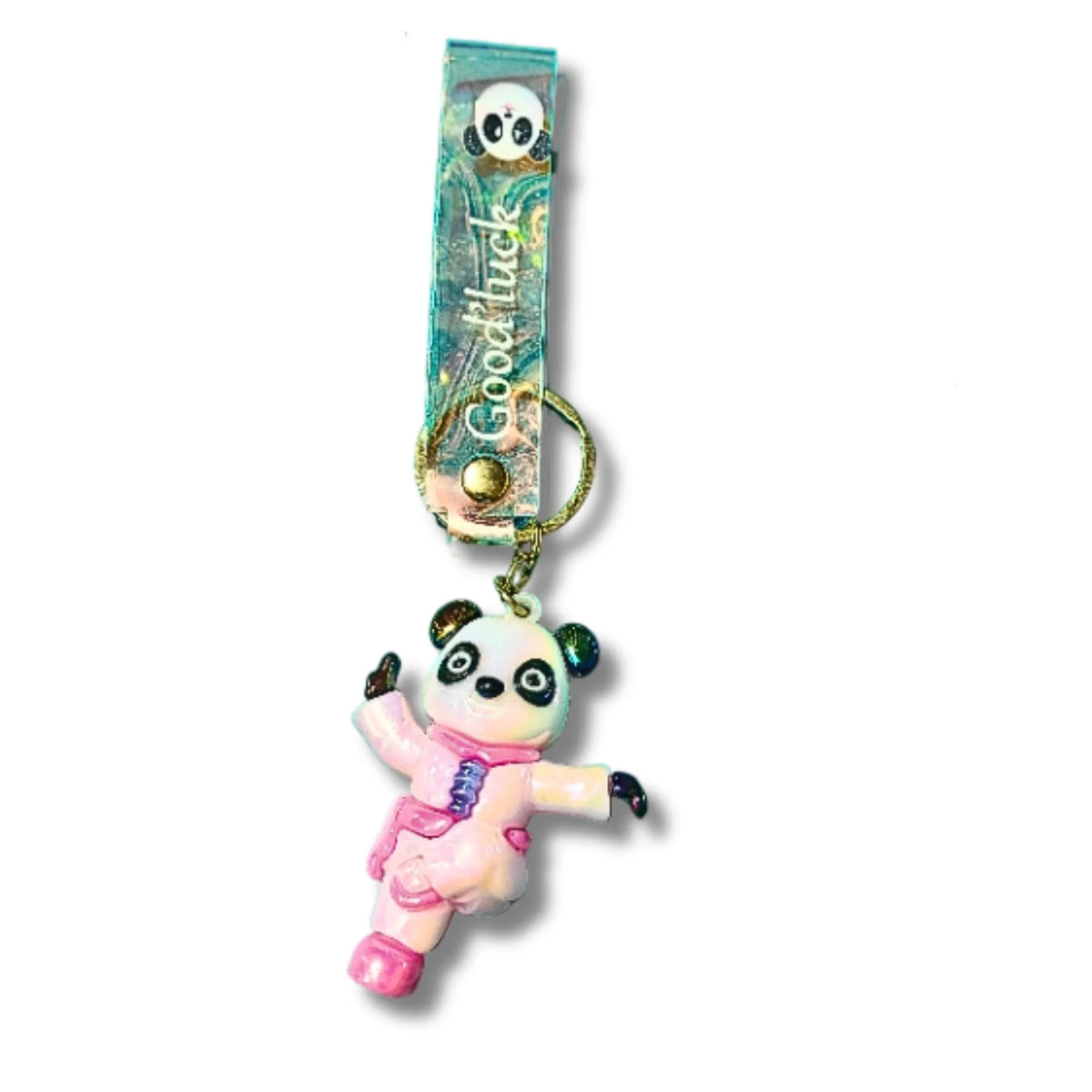 Cute Panda Martial Arts Character Keychain with Colorful Wrist Strap