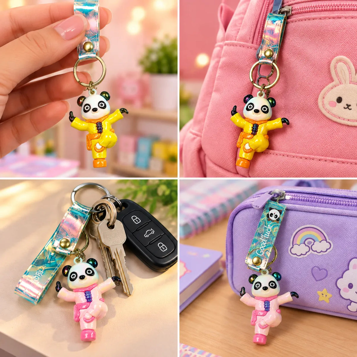 Cute Panda Martial Arts Character Keychain with Colorful Wrist Strap