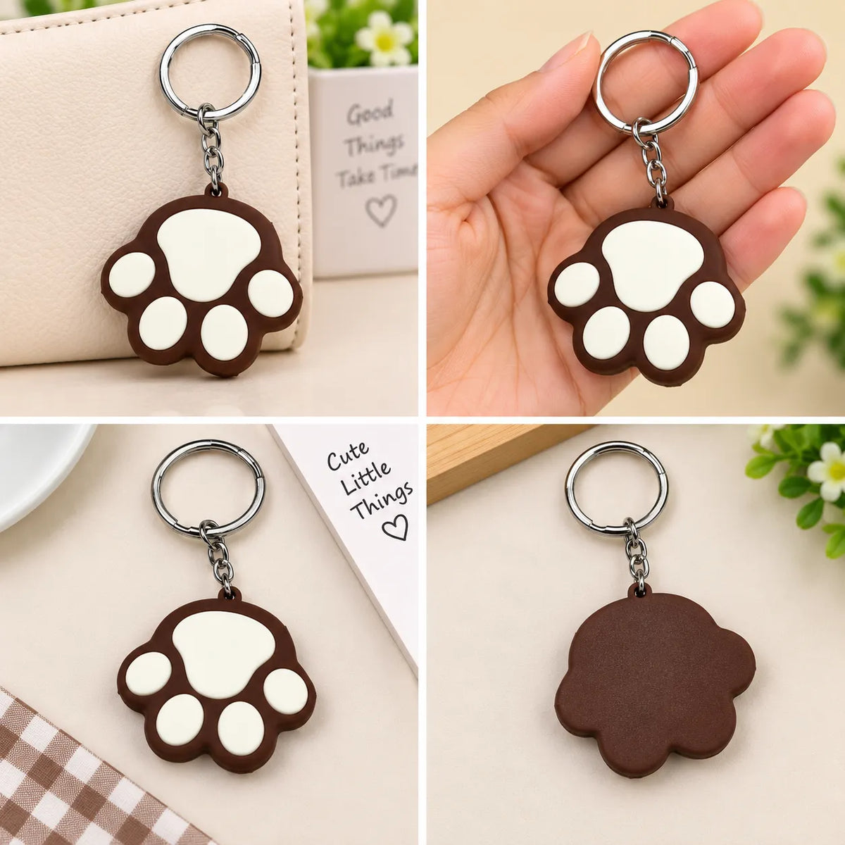 Cute Paw Print Keychain – Brown, Yellow & Pink Bag Charm