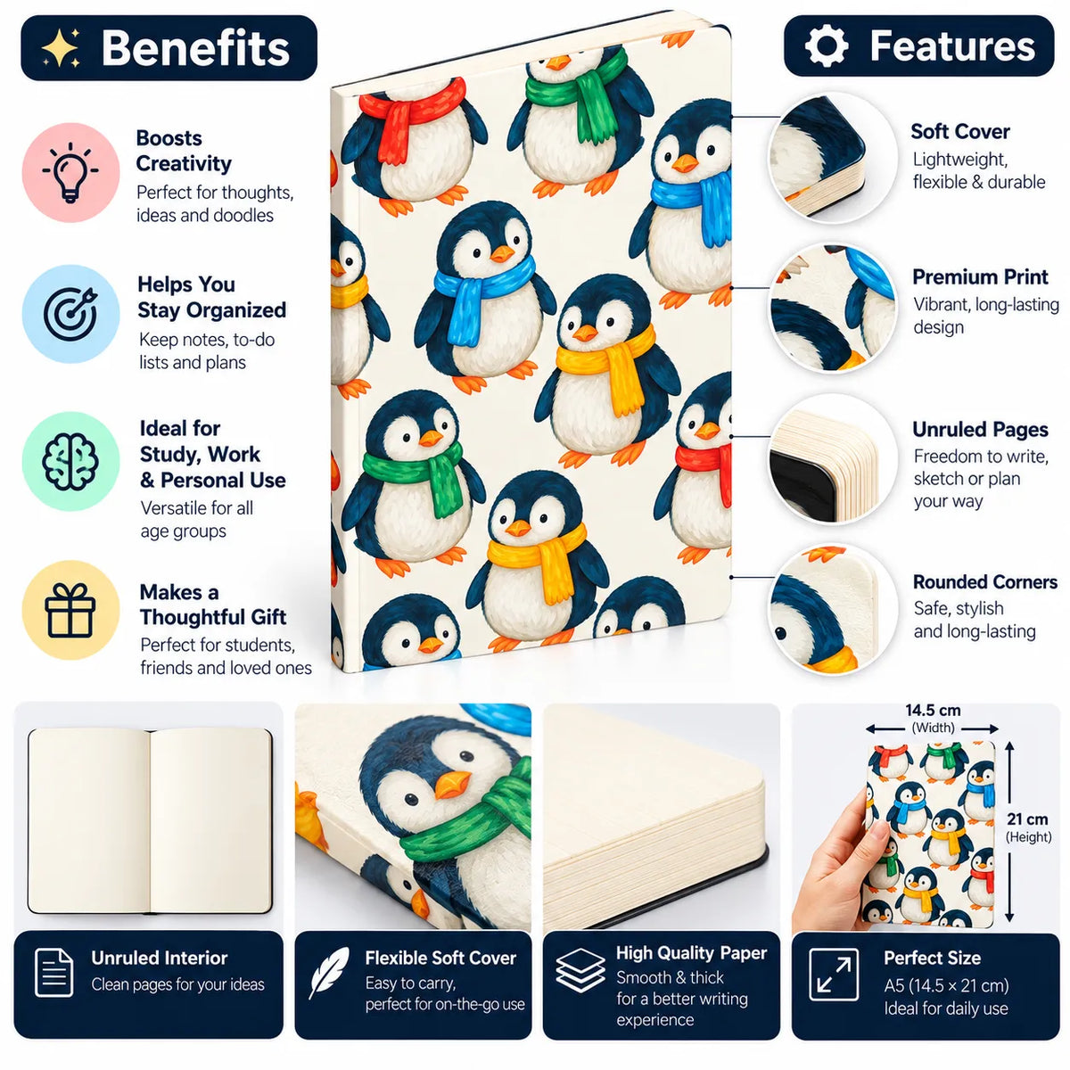 A notebook or journal cover featuring a repeating penguin pattern, shown in a collage with callouts for benefits and features. The cover has a white base with black and navy penguins wearing colorful scarves in red, green, and yellow.