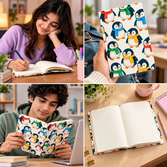 A four-panel collage showing a penguin-print notebook or journal used in different lifestyle settings: worn on a laptop by a woman writing, held by a hand, read by a man, and open on a desk with a mug nearby.