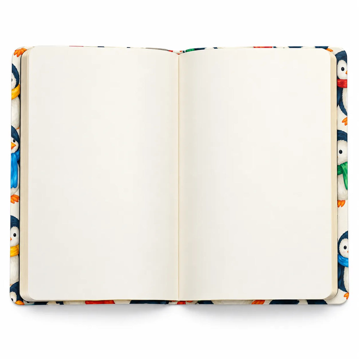 An open notebook with blank white pages and a colorful penguin-patterned cover, shown from a top-down view on a white background.
