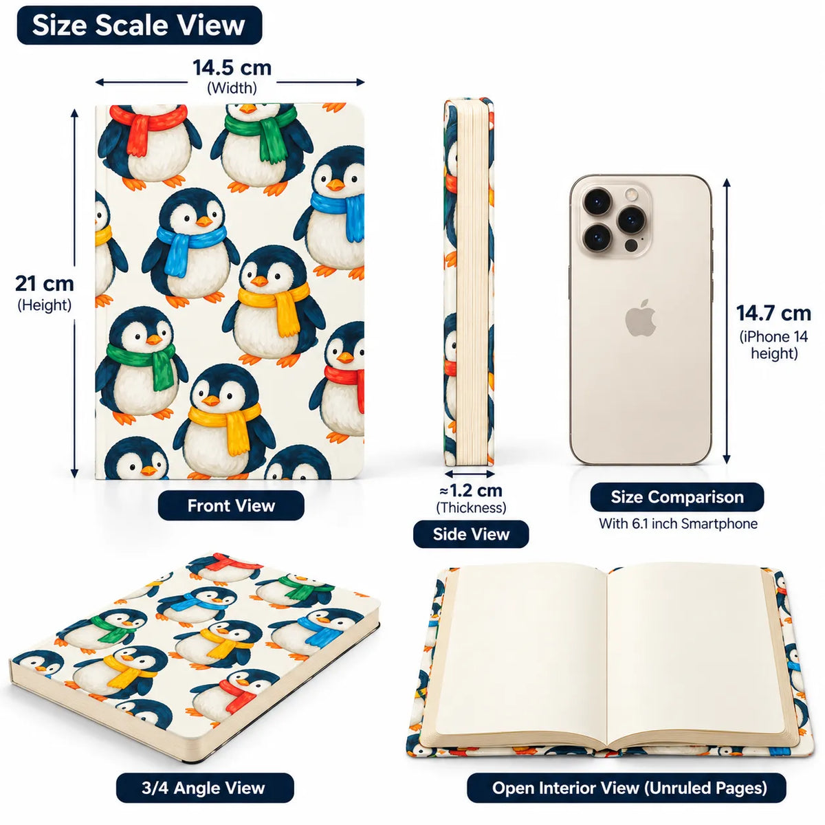 A size scale infographic showing a notebook or journal cover with a penguin print. The image includes labeled views: front view, side view, 3/4 angle view, and open interior view, along with dimensions and a size comparison with a 6.