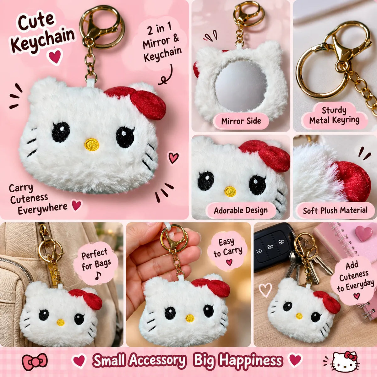 Cute Plush Cat Mirror Keychain | 2-in-1 Bag Accessory