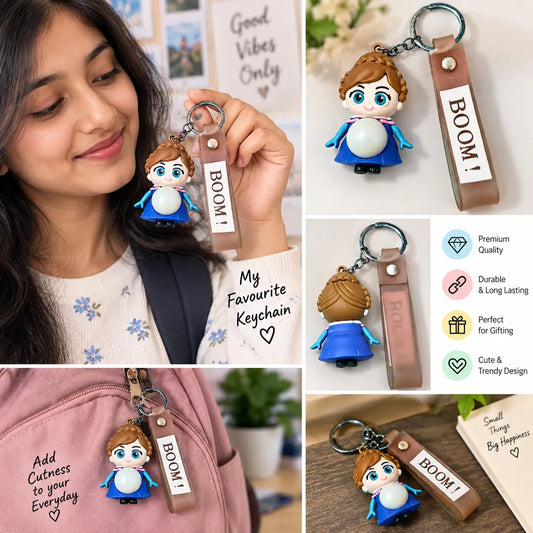 Cute Princess Character Keychain with Brown Strap | Doll Keyring