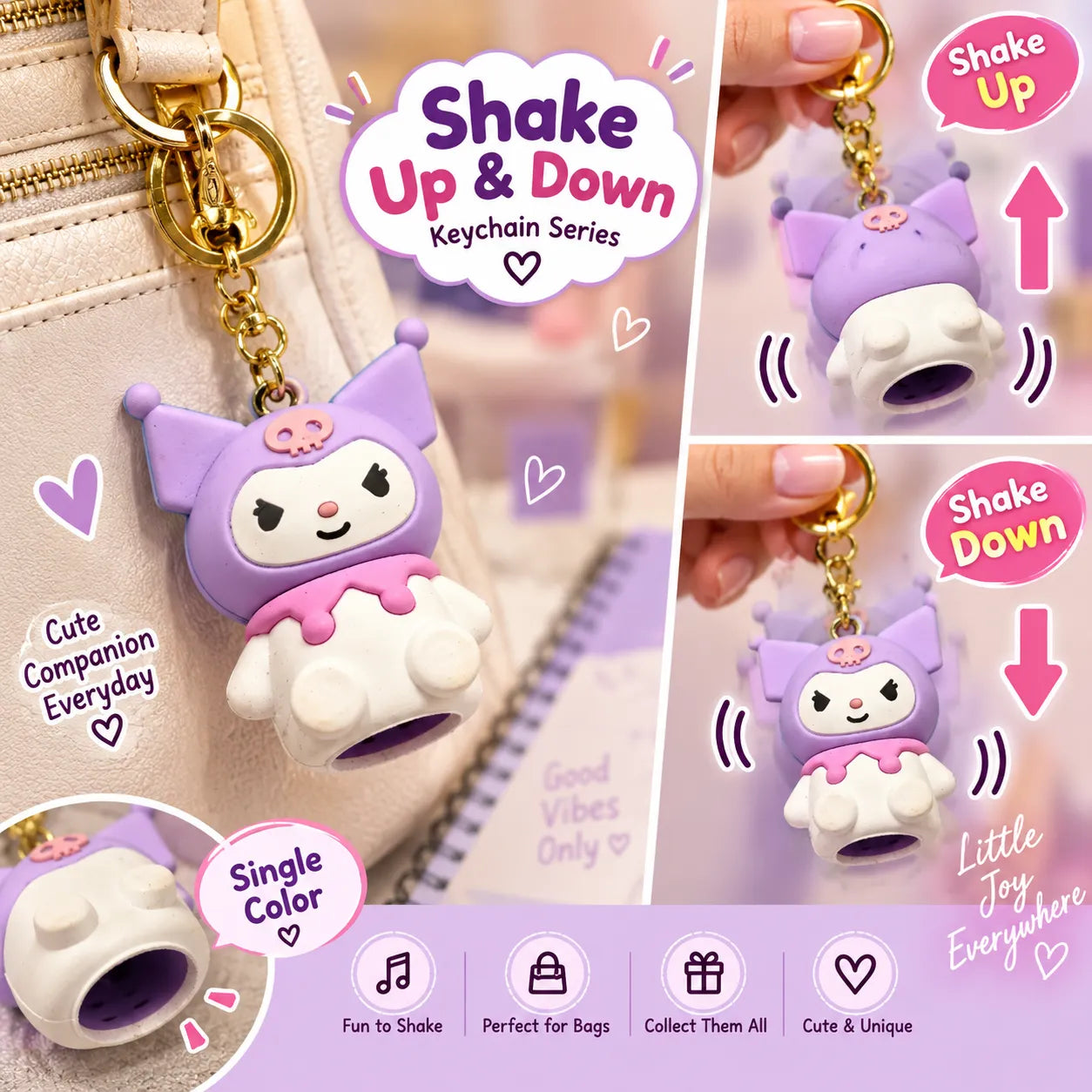 Cute Purple Shake-Up Character Keychain – Fun Moving Bag Charm for Kids & Girls