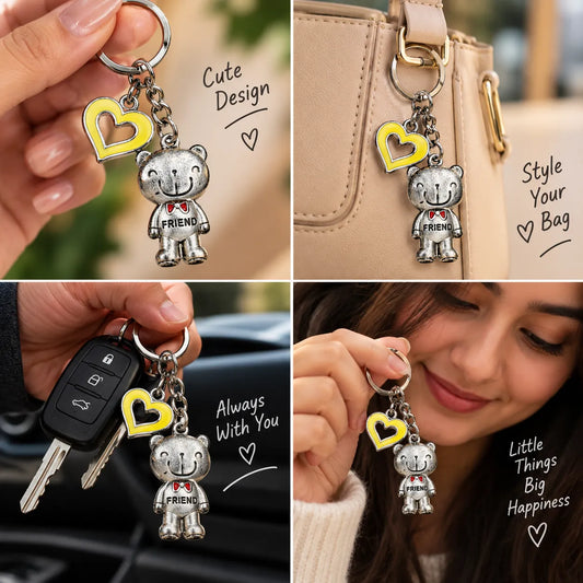 Cute Teddy Bear “FRIEND” Keychain with Heart Charm