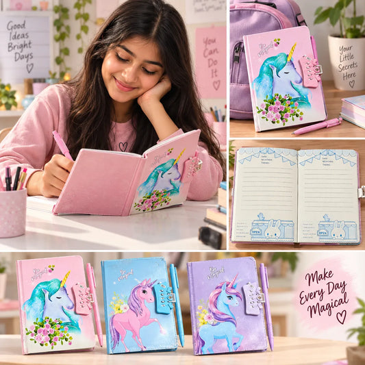 Cute Unicorn Diary Notebook with Lock Closure & Pen for Girls