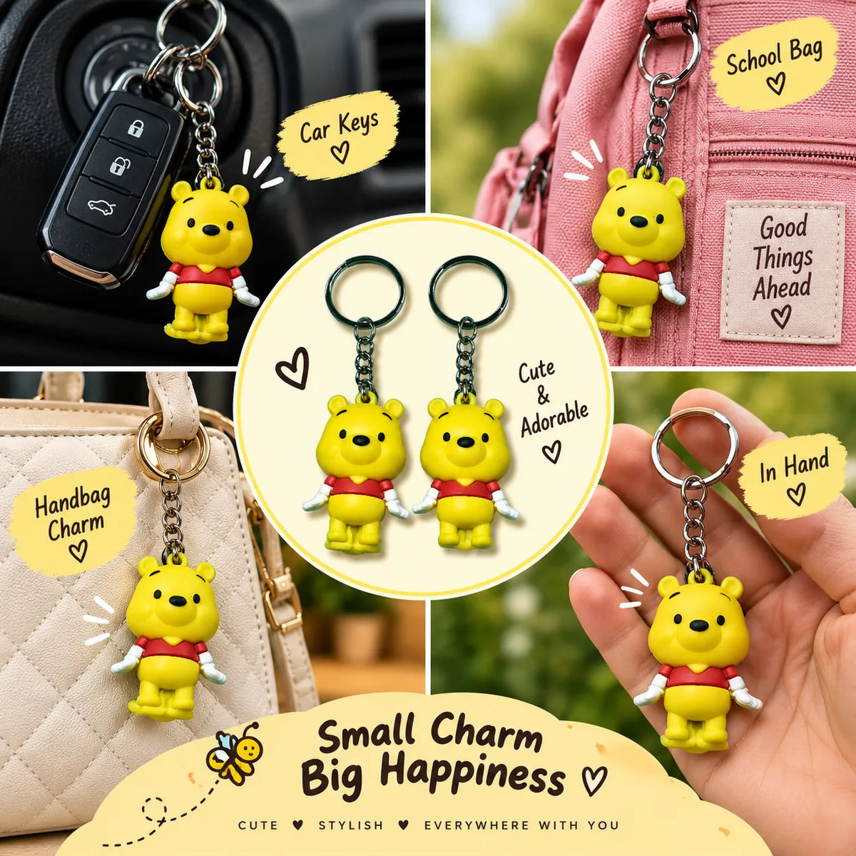 Cute Yellow Bear Character Keychain Set of 2 – Cartoon Keyrings for Bags, Backpacks & Keys