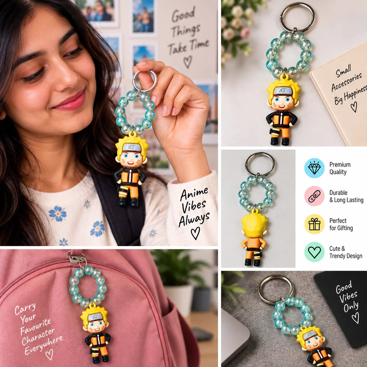Cute Yellow Anime Ninja Character Keychain with Beaded Ring | Cute Anime Bag Charm