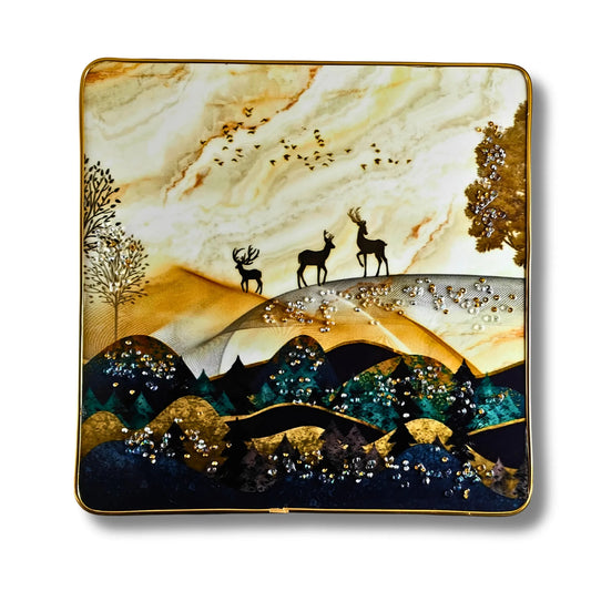 Set of 2 Abstract Golden Deer Wall Art - Premium 3D Crystal & Glitter Scenery for Modern Home Decor