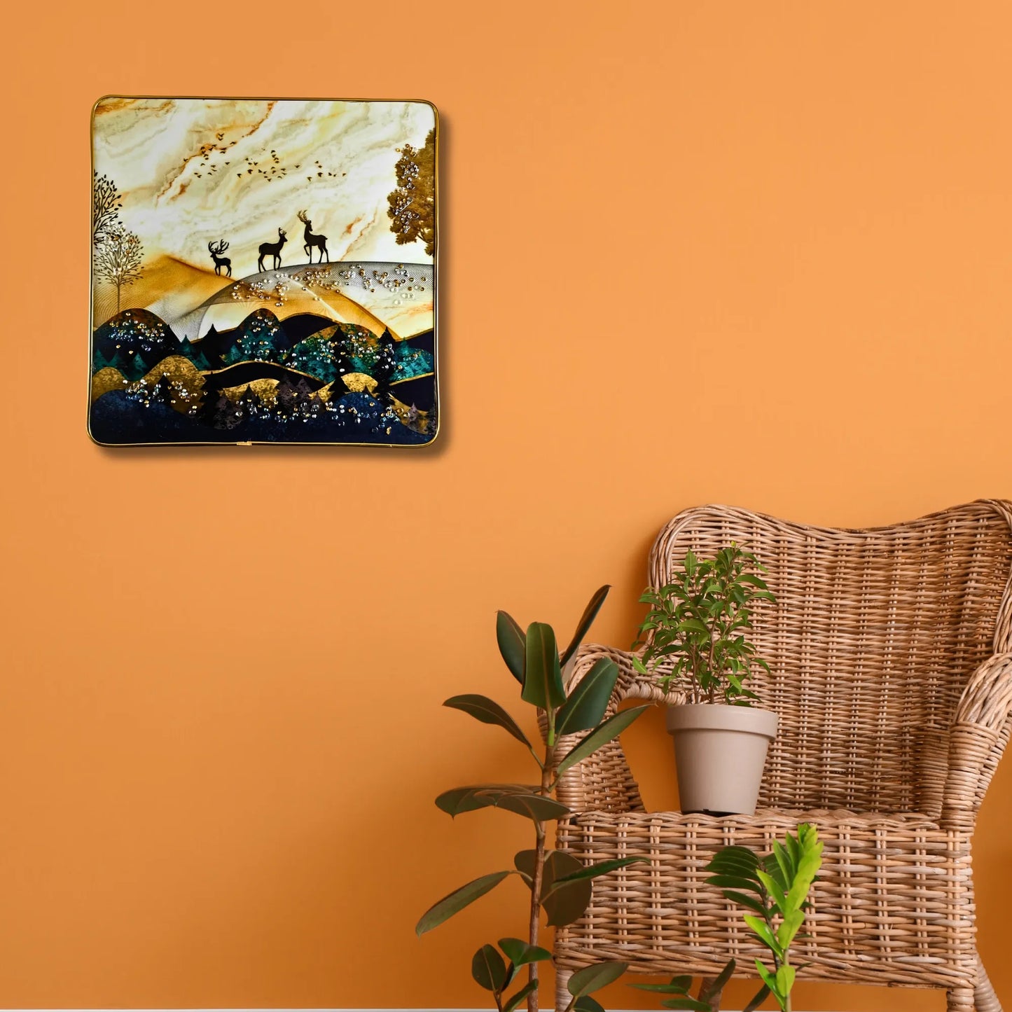 Set of 2 Abstract Golden Deer Wall Art - Premium 3D Crystal & Glitter Scenery for Modern Home Decor