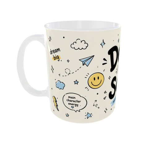Side view showing Dream Big, Main Character Energy, paper airplane, stars, and smiley illustrations.