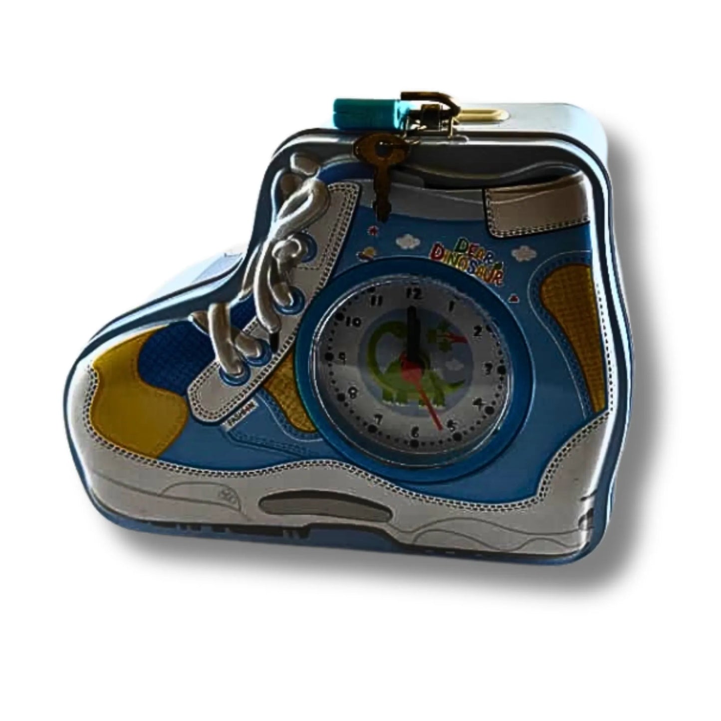 Dinosaur Shoe Shape Piggy Bank for Kids – Metal Coin Bank with Lock & Key