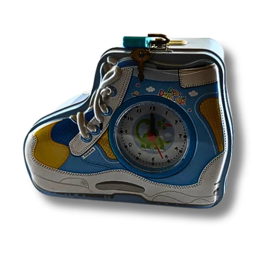 Dinosaur Shoe Shape Piggy Bank for Kids – Metal Coin Bank with Lock & Key