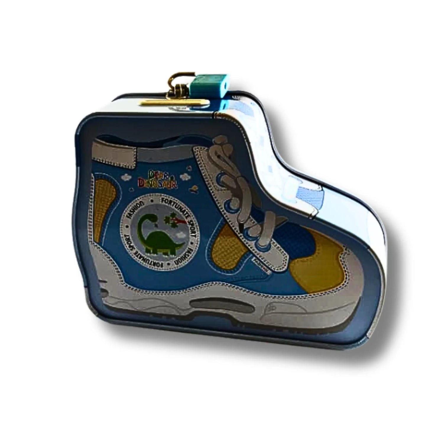 Dinosaur Shoe Shape Piggy Bank for Kids – Metal Coin Bank with Lock & Key