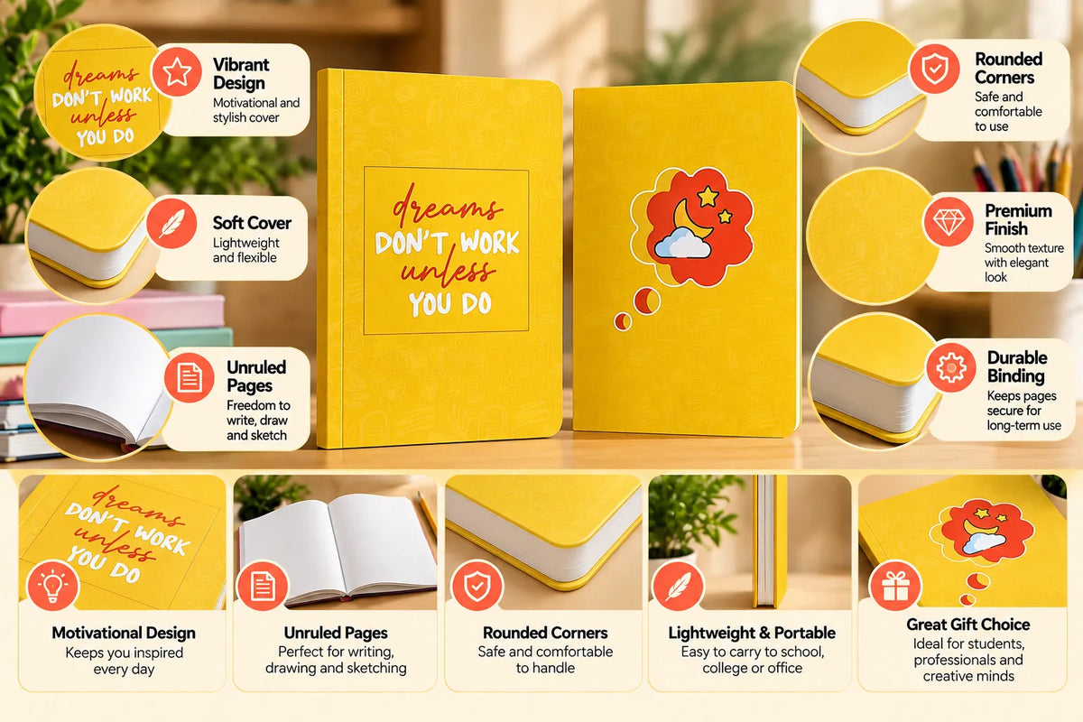 Dreams Don’t Work Motivational Yellow Unruled Diary – 21 × 15 cm