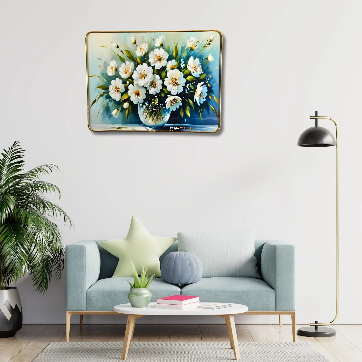 3D Floral Wall Art Set (2 Panels) – Luxury White Flower Crystal Wall Decor for Living Room, Bedroom & Office