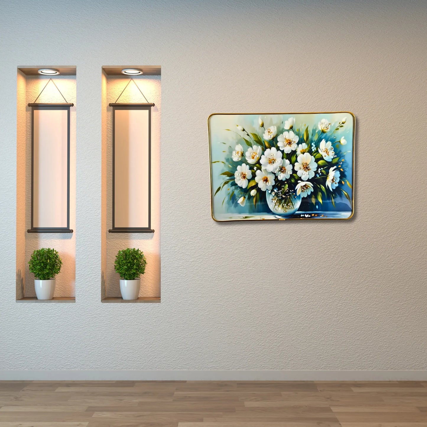 3D Floral Wall Art Set (2 Panels) – Luxury White Flower Crystal Wall Decor for Living Room, Bedroom & Office