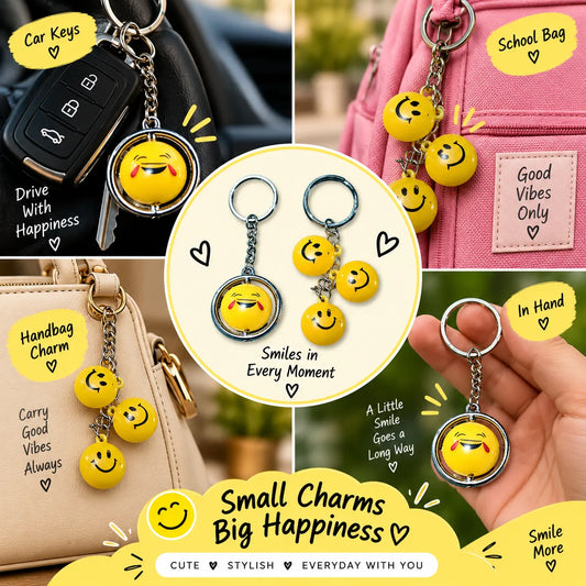 Emoji Smiley Keychain Set of 2 – Fun Yellow Emoji Keyrings for Keys, Bags & Backpacks