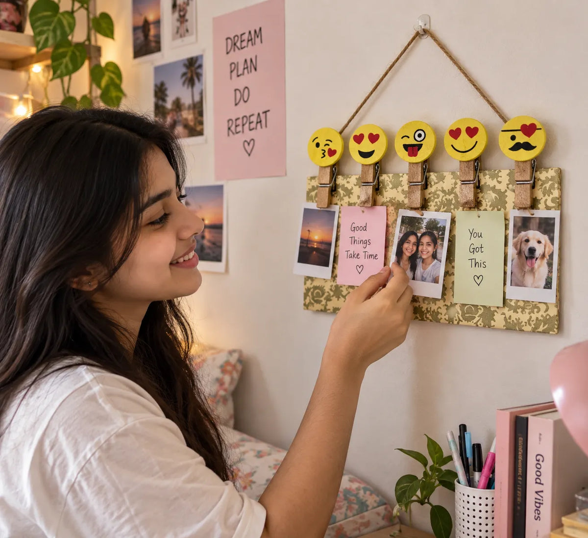 A woman in a white shirt hangs a decorative wall organizer on a bedroom wall. The organizer features four yellow emoji faces with hearts and a mustache above three gold patterned clips holding photos, sticky notes, and a pink card.
