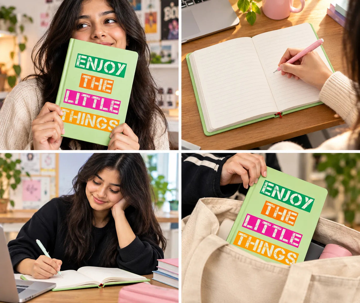A four-panel collage showing a light green hardcover notebook with the phrase 'ENJOY THE LITTLE THINGS' in colorful block letters. The scenes include a woman holding the notebook in a cozy indoor setting, a hand writing in the notebook with a pink pen, a woman studying at a desk, and the notebook tucked inside a beige tote bag.