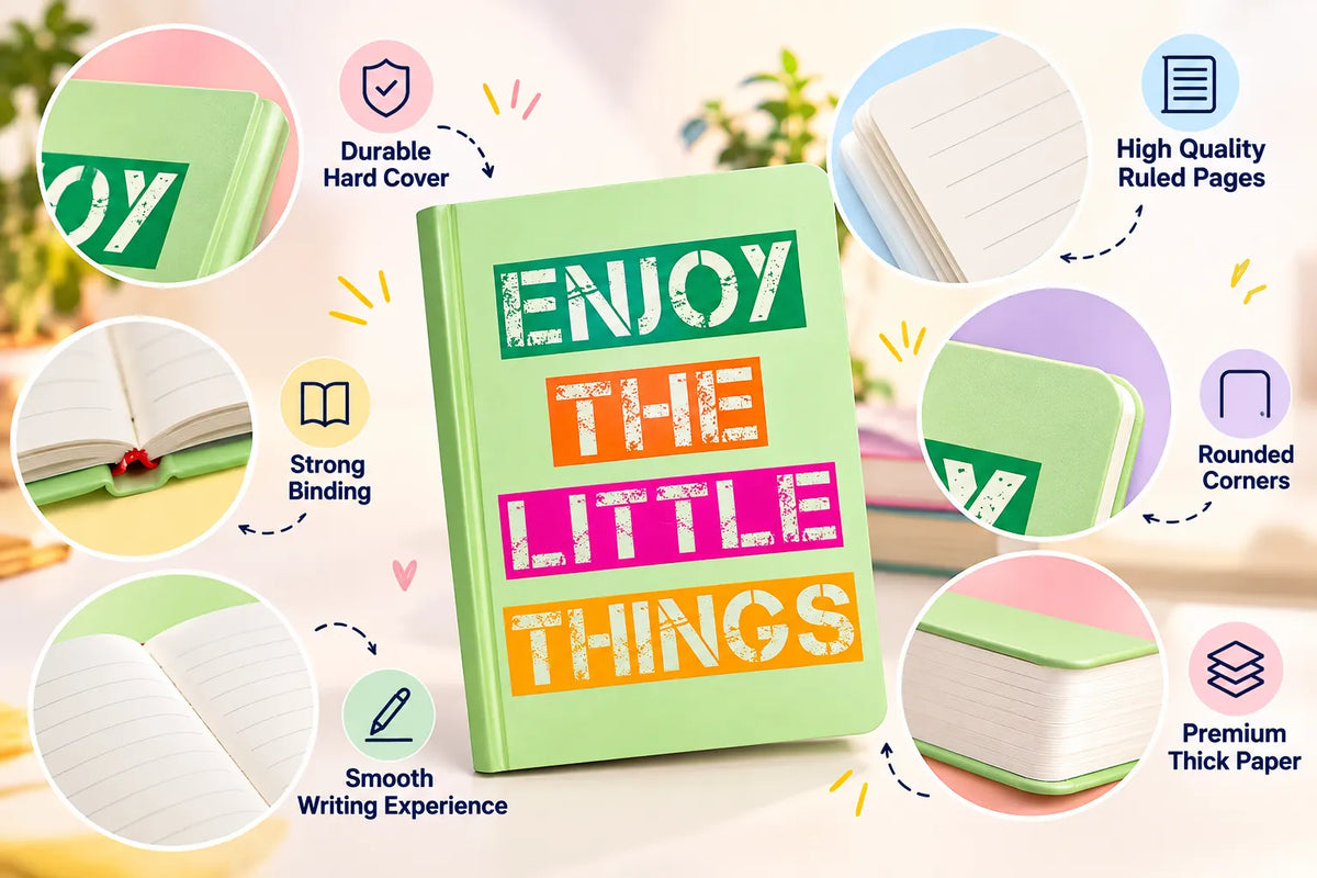A pastel green hardcover notebook with colorful text reading 'ENJOY THE LITTLE THINGS' on the cover, shown in a promotional collage with circular inset details about its features: durable hard cover, high-quality ruled pages, strong binding, rounded corners, smooth writing experience, and premium thick paper.