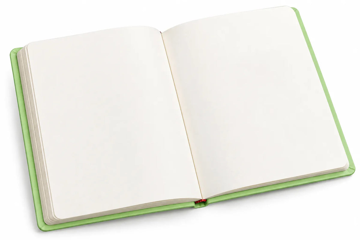 An open notebook with blank white pages and a light green cover, shown on a clean white background.