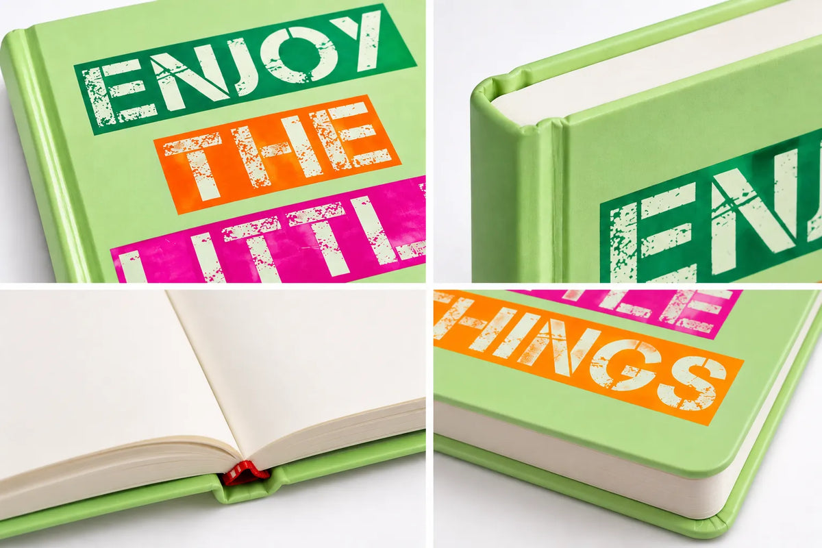 A collage showing a hardcover book from multiple angles on a white background. The book has a light green cover with large distressed text blocks in green, orange, and pink reading 'ENJOY THE LITTLE THINGS,' and the pages are open in one panel with a small red bookmark visible.