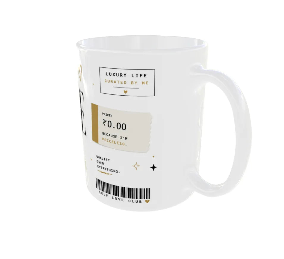 A white ceramic mug featuring a printed travel boarding pass design with gold and beige accents, including the text 'LUXURY LIFE CURATED BY ME' and a barcode.