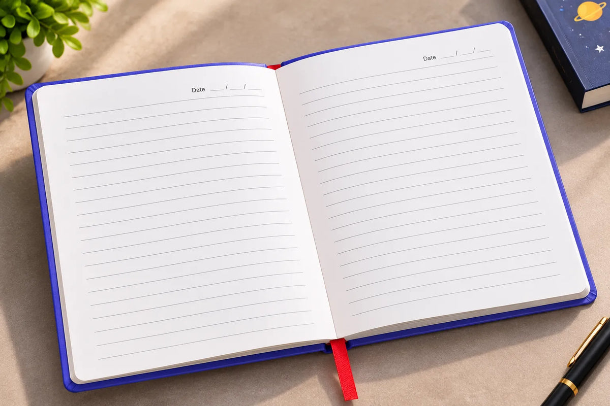 An open lined notebook with a blue cover and red ribbon bookmark, photographed on a beige tabletop with a plant and a pen nearby.