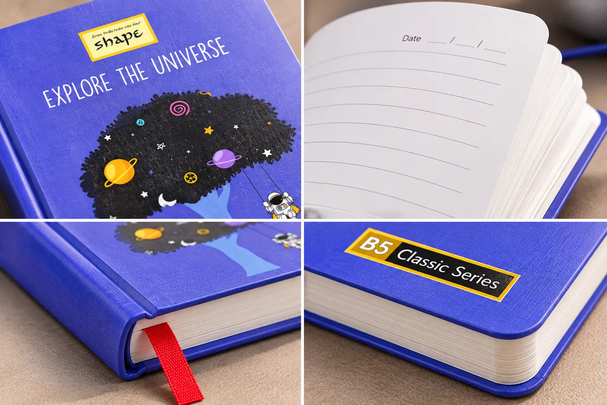 A collage showing a blue hardcover notebook with a black tree-and-space illustration on the cover, white lined interior pages, a red ribbon bookmark, and a yellow label reading 'B5 Classic Series'.