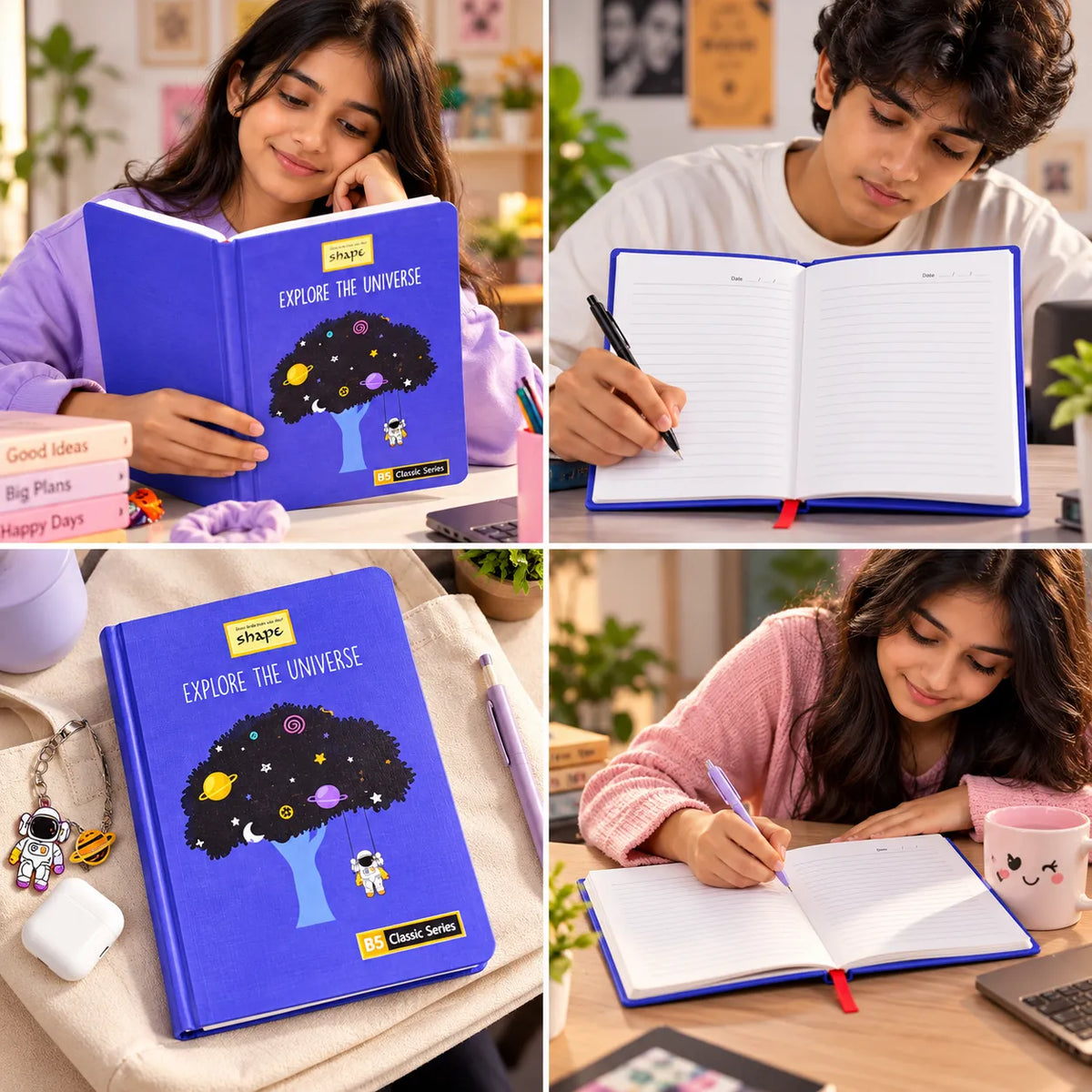 A four-panel collage showing a blue hardcover notebook with a tree illustration and the title 'EXPLORING THE UNIVERSE' being used by students in a classroom or study setting. One panel shows the closed notebook on a table with a keychain and earbuds, while the other panels show a girl and a boy writing in it.
