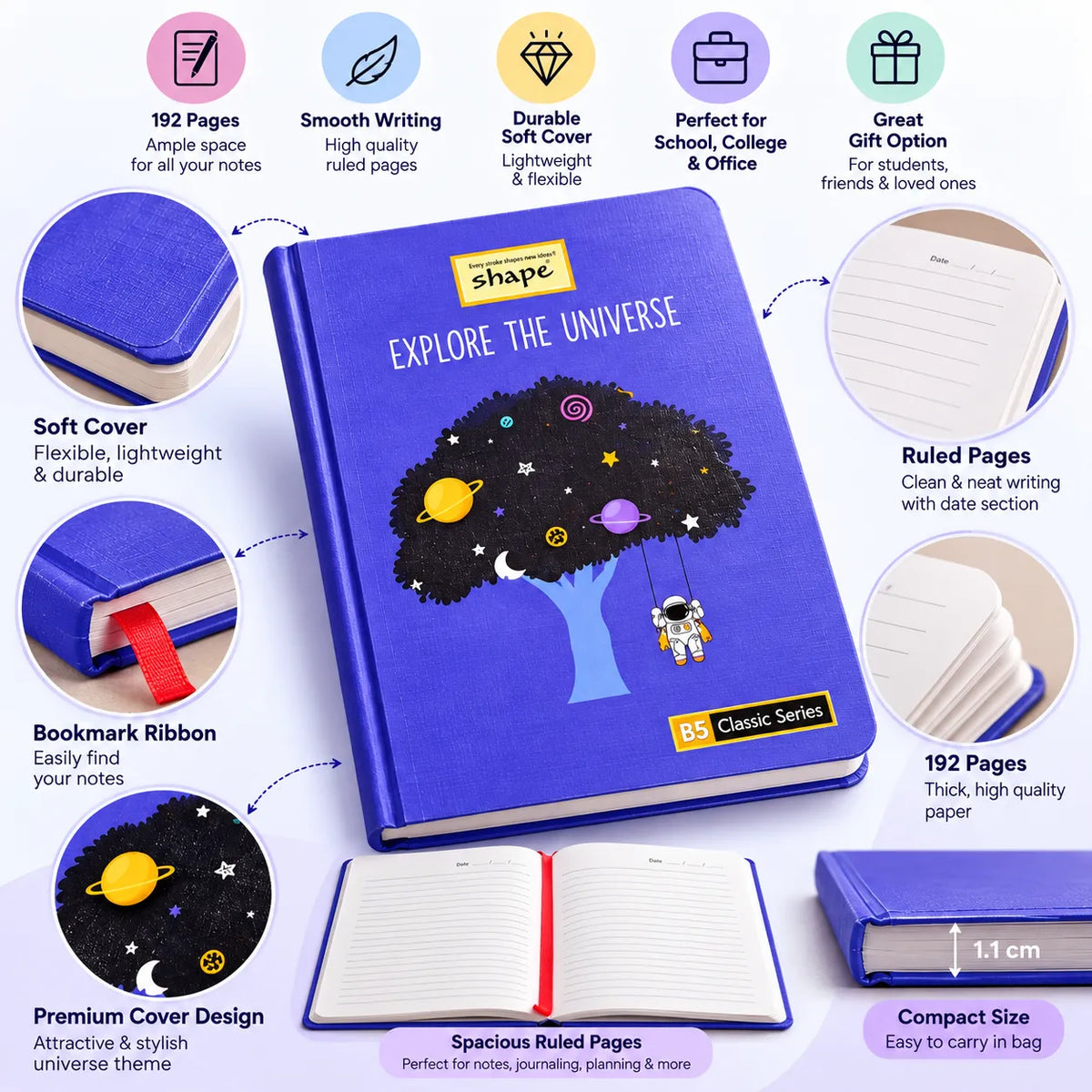A blue hardcover notebook with a space-themed cover design featuring an astronaut and planets, shown with callout labels highlighting features like 192 pages, soft cover, ruled pages, bookmark ribbon, and compact size. The image is set against a clean white background.