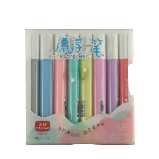 Packaging of colorful floating pens with visible brand name on a white background